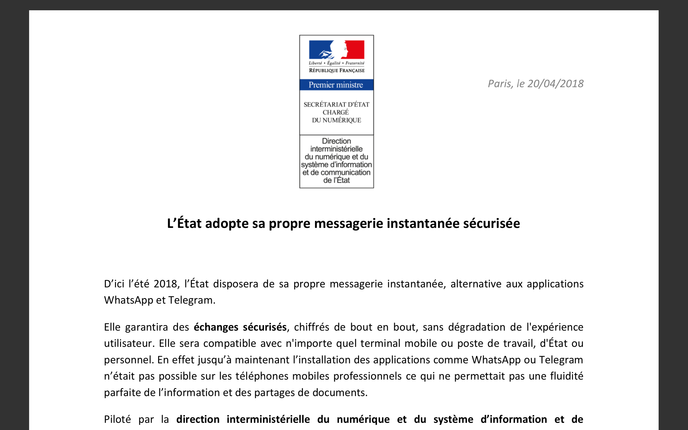 PDF preview of L’État adopte sa propre messagerie instantanée sécurisée